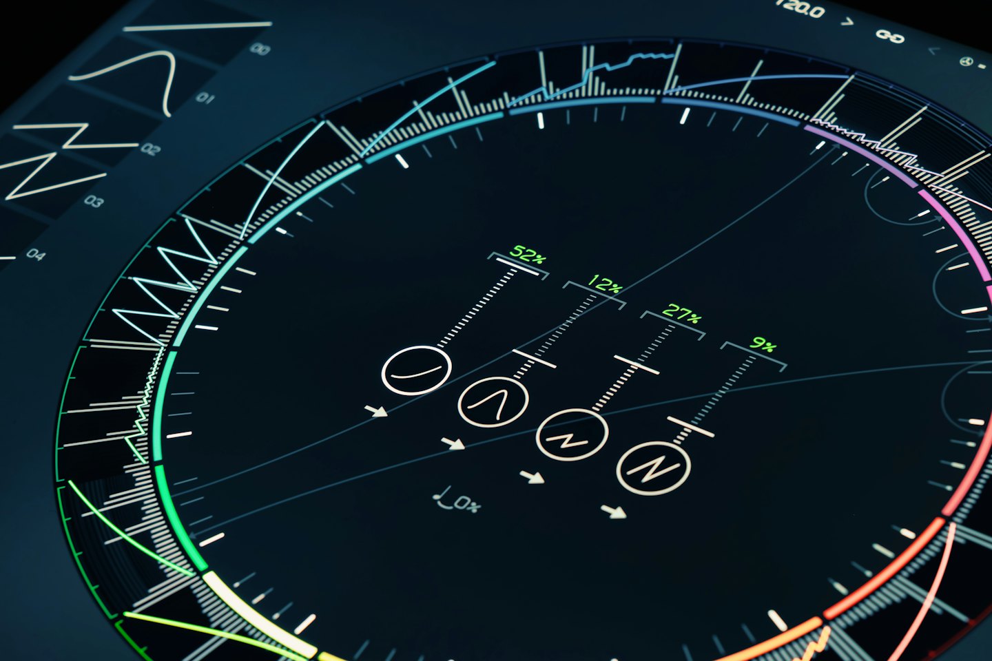 Futuristische digitale Benutzeroberfläche mit Datenvisualisierungen und Grafiken.